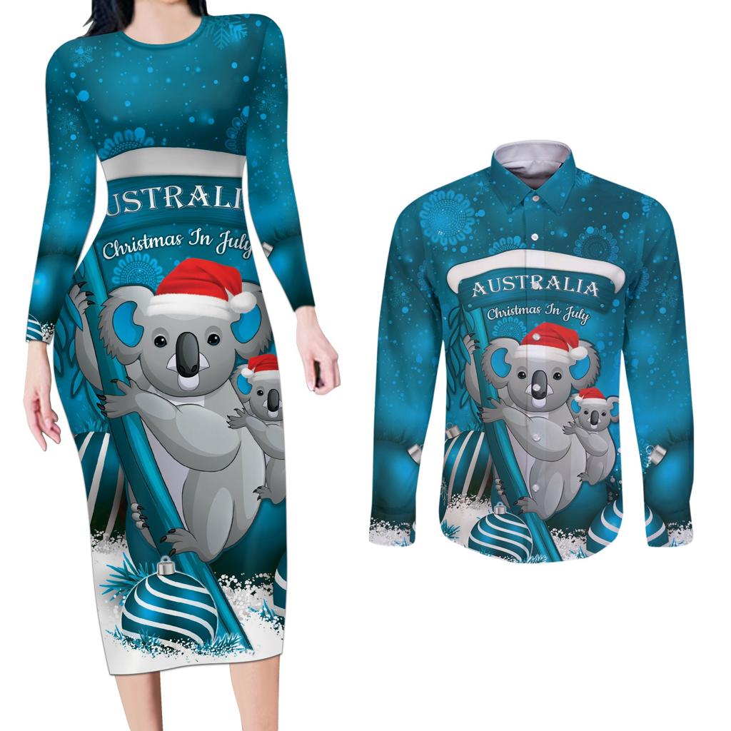Australia Christmas In July Couples Matching Long Sleeve Bodycon Dress and Long Sleeve Button Shirt Mommy and Baby Koala Santa - Blue