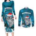 Australia Christmas In July Couples Matching Long Sleeve Bodycon Dress and Long Sleeve Button Shirt Mommy and Baby Koala Santa - Blue