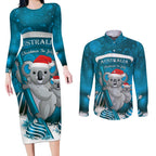 Australia Christmas In July Couples Matching Long Sleeve Bodycon Dress and Long Sleeve Button Shirt Mommy and Baby Koala Santa - Blue