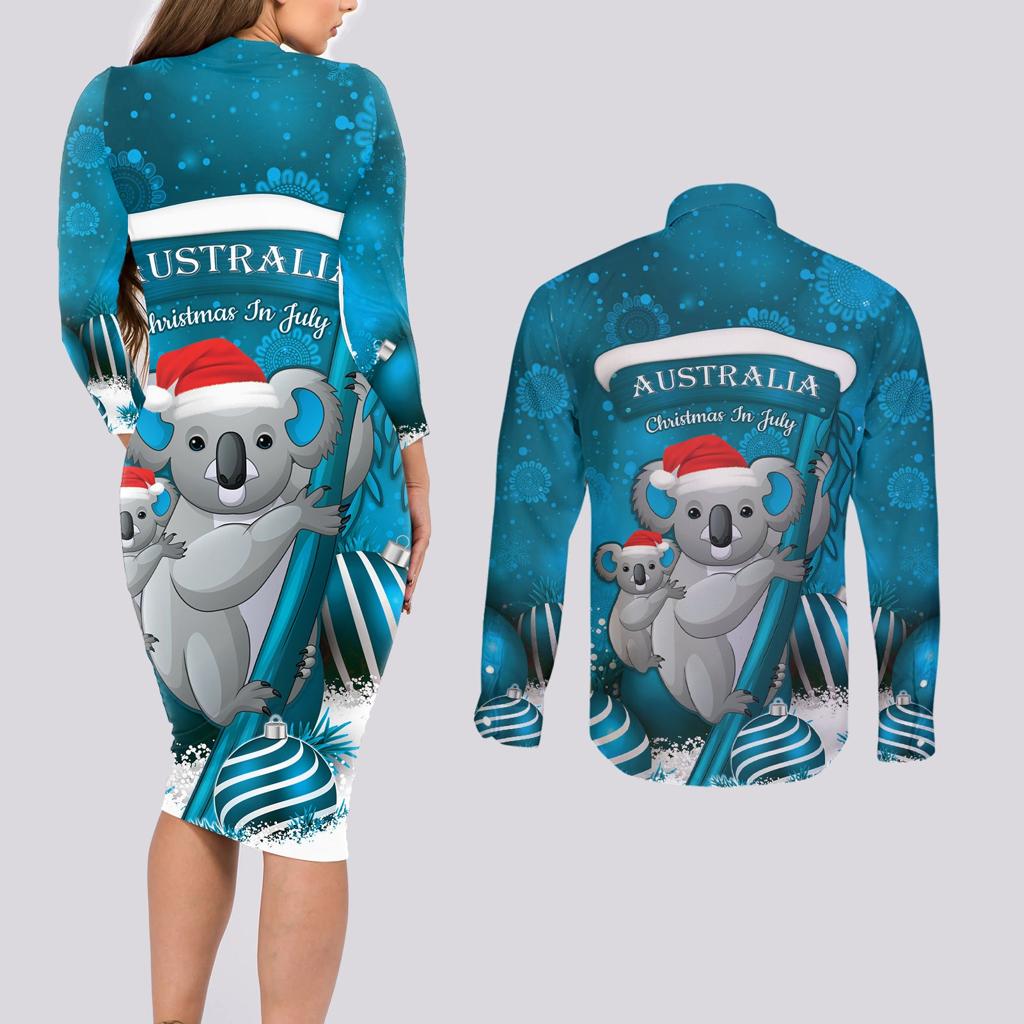 Australia Christmas In July Couples Matching Long Sleeve Bodycon Dress and Long Sleeve Button Shirt Mommy and Baby Koala Santa - Blue