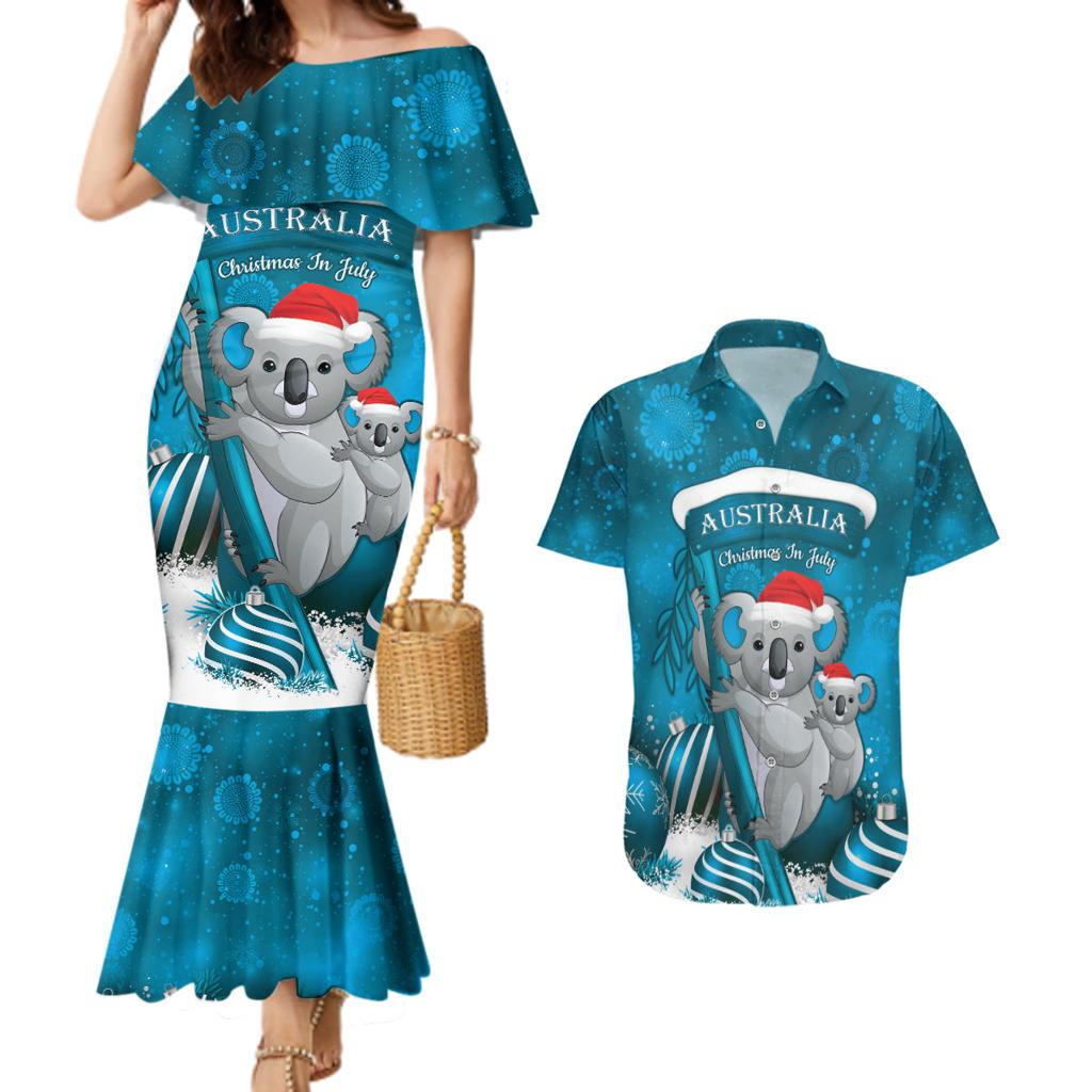 Australia Christmas In July Couples Matching Mermaid Dress and Hawaiian Shirt Mommy and Baby Koala Santa - Blue