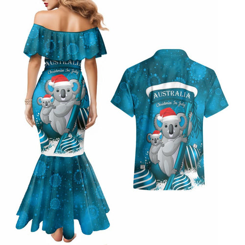 Australia Christmas In July Couples Matching Mermaid Dress and Hawaiian Shirt Mommy and Baby Koala Santa - Blue