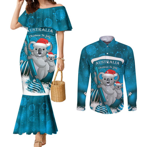 Australia Christmas In July Couples Matching Mermaid Dress and Long Sleeve Button Shirt Mommy and Baby Koala Santa - Blue