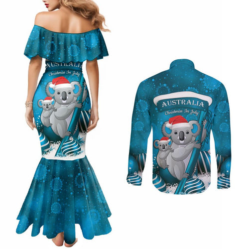 Australia Christmas In July Couples Matching Mermaid Dress and Long Sleeve Button Shirt Mommy and Baby Koala Santa - Blue