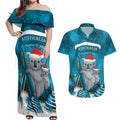 Australia Christmas In July Couples Matching Off Shoulder Maxi Dress and Hawaiian Shirt Mommy and Baby Koala Santa - Blue