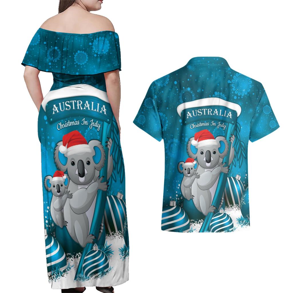 Australia Christmas In July Couples Matching Off Shoulder Maxi Dress and Hawaiian Shirt Mommy and Baby Koala Santa - Blue