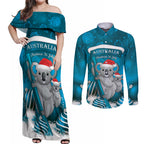 Australia Christmas In July Couples Matching Off Shoulder Maxi Dress and Long Sleeve Button Shirt Mommy and Baby Koala Santa - Blue