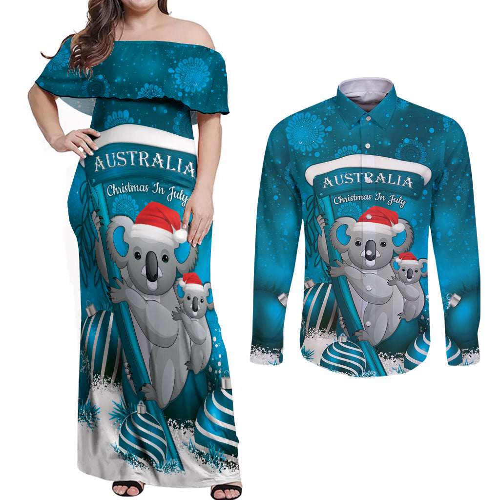 Australia Christmas In July Couples Matching Off Shoulder Maxi Dress and Long Sleeve Button Shirt Mommy and Baby Koala Santa - Blue