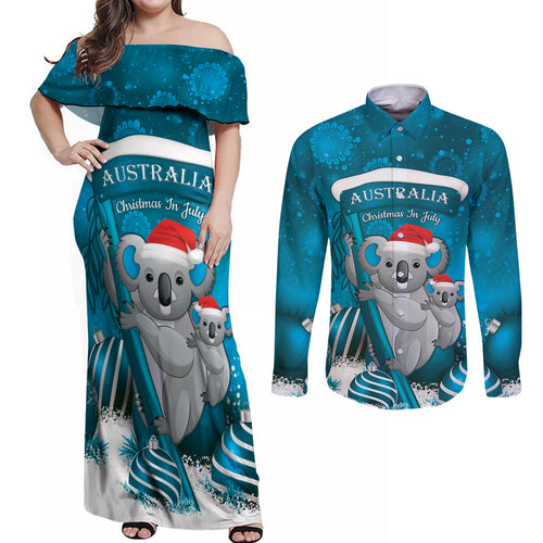 Australia Christmas In July Couples Matching Off Shoulder Maxi Dress and Long Sleeve Button Shirt Mommy and Baby Koala Santa - Blue