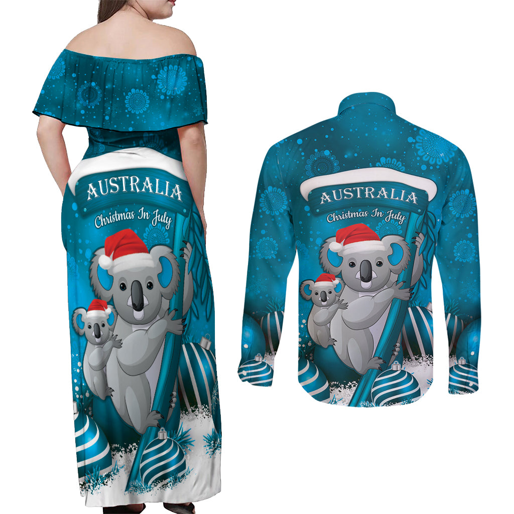 Australia Christmas In July Couples Matching Off Shoulder Maxi Dress and Long Sleeve Button Shirt Mommy and Baby Koala Santa - Blue