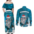 Australia Christmas In July Couples Matching Off Shoulder Maxi Dress and Long Sleeve Button Shirt Mommy and Baby Koala Santa - Blue