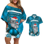 Australia Christmas In July Couples Matching Off Shoulder Short Dress and Hawaiian Shirt Mommy and Baby Koala Santa - Blue