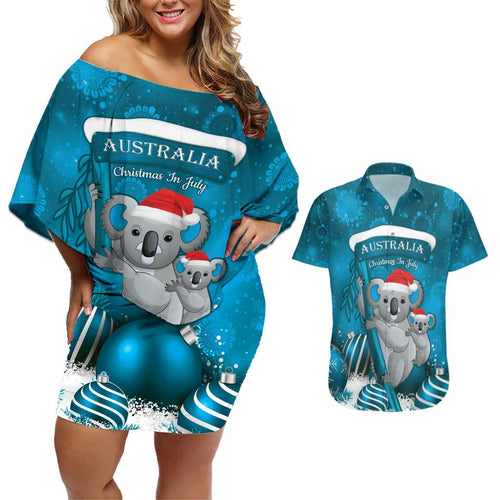 Australia Christmas In July Couples Matching Off Shoulder Short Dress and Hawaiian Shirt Mommy and Baby Koala Santa - Blue