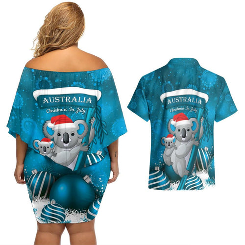 Australia Christmas In July Couples Matching Off Shoulder Short Dress and Hawaiian Shirt Mommy and Baby Koala Santa - Blue