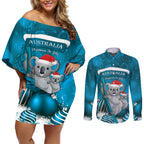 Australia Christmas In July Couples Matching Off Shoulder Short Dress and Long Sleeve Button Shirt Mommy and Baby Koala Santa - Blue