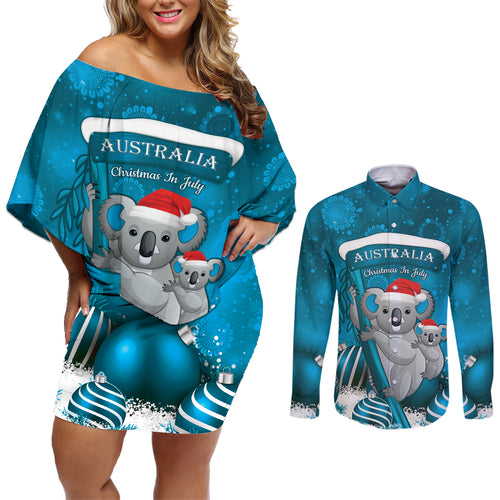 Australia Christmas In July Couples Matching Off Shoulder Short Dress and Long Sleeve Button Shirt Mommy and Baby Koala Santa - Blue