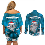 Australia Christmas In July Couples Matching Off Shoulder Short Dress and Long Sleeve Button Shirt Mommy and Baby Koala Santa - Blue