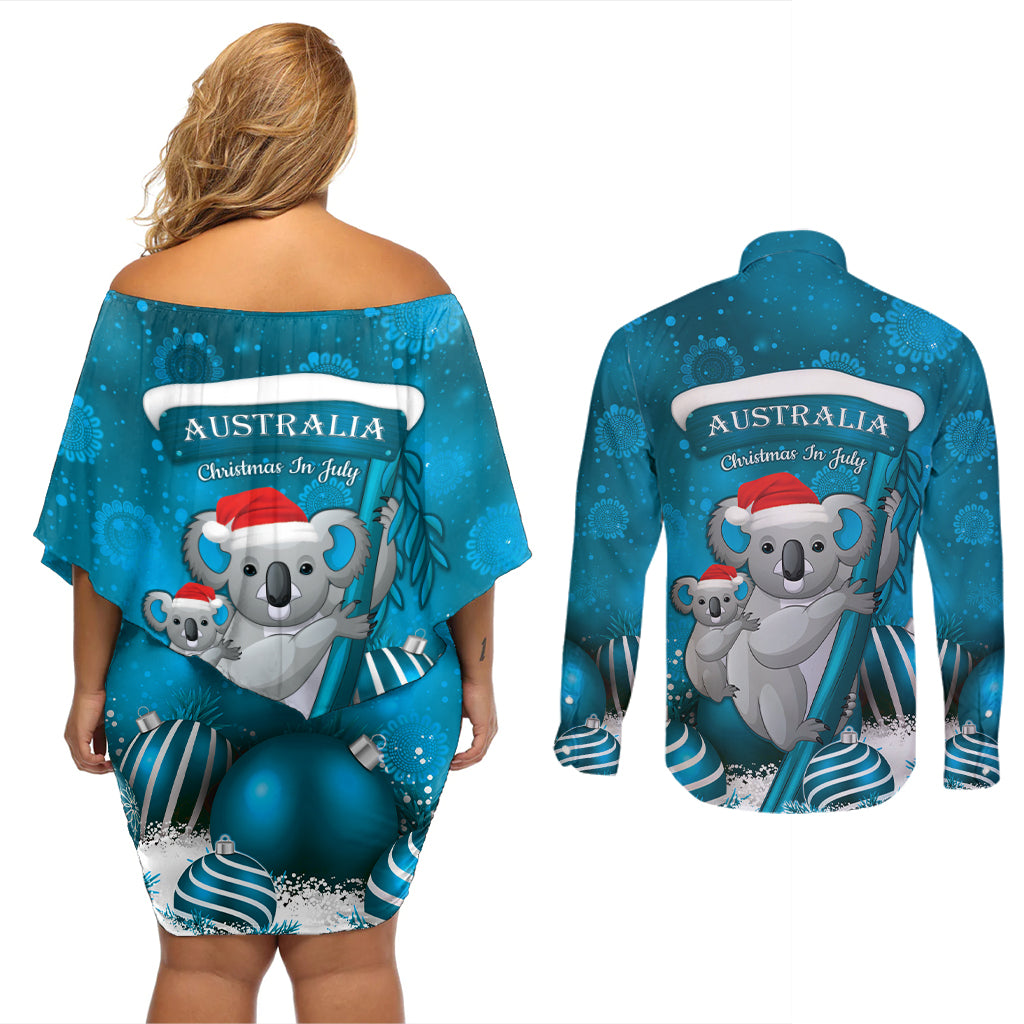 Australia Christmas In July Couples Matching Off Shoulder Short Dress and Long Sleeve Button Shirt Mommy and Baby Koala Santa - Blue