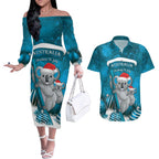 Australia Christmas In July Couples Matching Off The Shoulder Long Sleeve Dress and Hawaiian Shirt Mommy and Baby Koala Santa - Blue