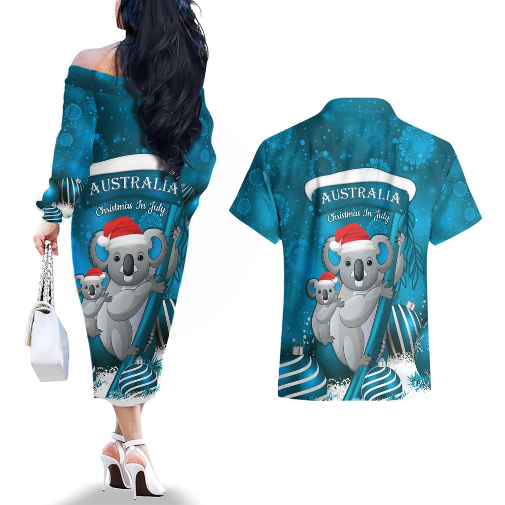 Australia Christmas In July Couples Matching Off The Shoulder Long Sleeve Dress and Hawaiian Shirt Mommy and Baby Koala Santa - Blue