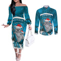 Australia Christmas In July Couples Matching Off The Shoulder Long Sleeve Dress and Long Sleeve Button Shirt Mommy and Baby Koala Santa - Blue