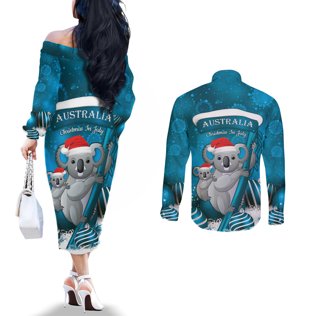 Australia Christmas In July Couples Matching Off The Shoulder Long Sleeve Dress and Long Sleeve Button Shirt Mommy and Baby Koala Santa - Blue