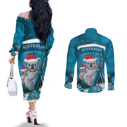 Australia Christmas In July Couples Matching Off The Shoulder Long Sleeve Dress and Long Sleeve Button Shirt Mommy and Baby Koala Santa - Blue