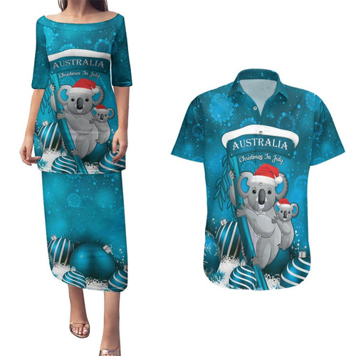 Australia Christmas In July Couples Matching Puletasi and Hawaiian Shirt Mommy and Baby Koala Santa - Blue