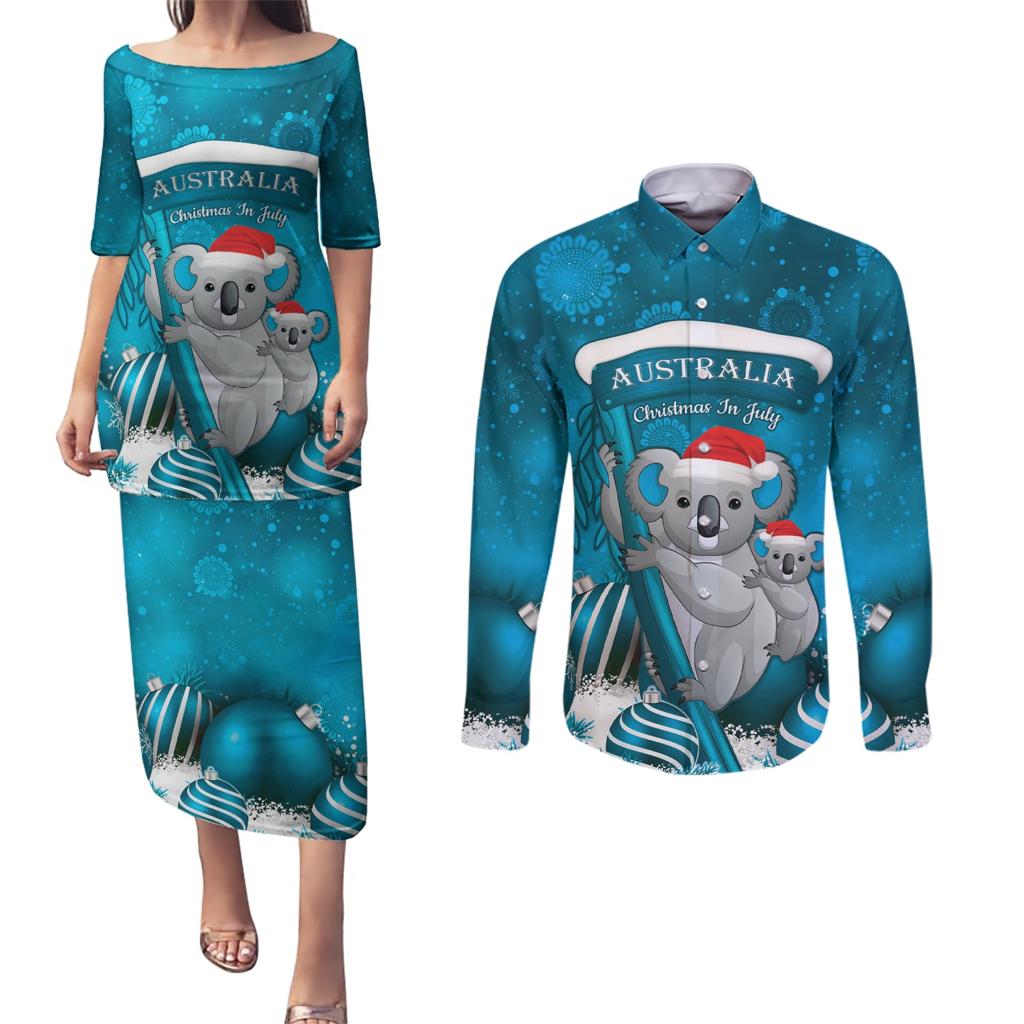 Australia Christmas In July Couples Matching Puletasi and Long Sleeve Button Shirt Mommy and Baby Koala Santa - Blue