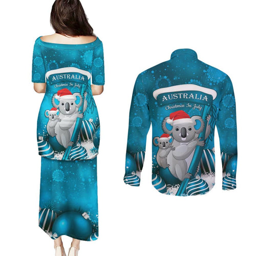 Australia Christmas In July Couples Matching Puletasi and Long Sleeve Button Shirt Mommy and Baby Koala Santa - Blue