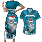 Australia Christmas In July Couples Matching Short Sleeve Bodycon Dress and Hawaiian Shirt Mommy and Baby Koala Santa - Blue