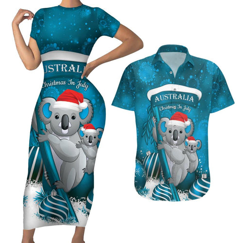 Australia Christmas In July Couples Matching Short Sleeve Bodycon Dress and Hawaiian Shirt Mommy and Baby Koala Santa - Blue