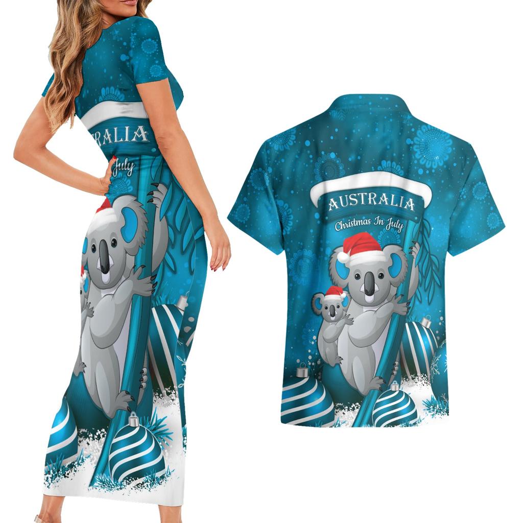 Australia Christmas In July Couples Matching Short Sleeve Bodycon Dress and Hawaiian Shirt Mommy and Baby Koala Santa - Blue