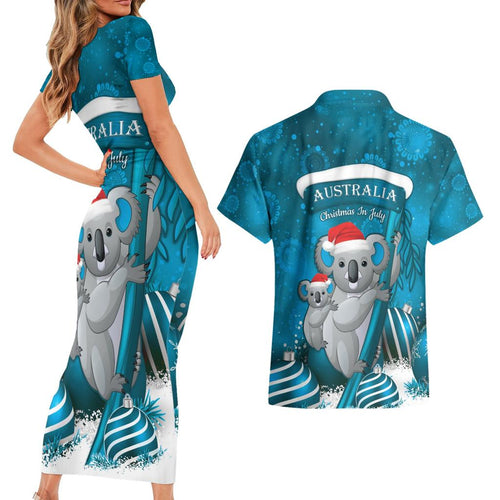 Australia Christmas In July Couples Matching Short Sleeve Bodycon Dress and Hawaiian Shirt Mommy and Baby Koala Santa - Blue