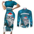 Australia Christmas In July Couples Matching Short Sleeve Bodycon Dress and Long Sleeve Button Shirt Mommy and Baby Koala Santa - Blue