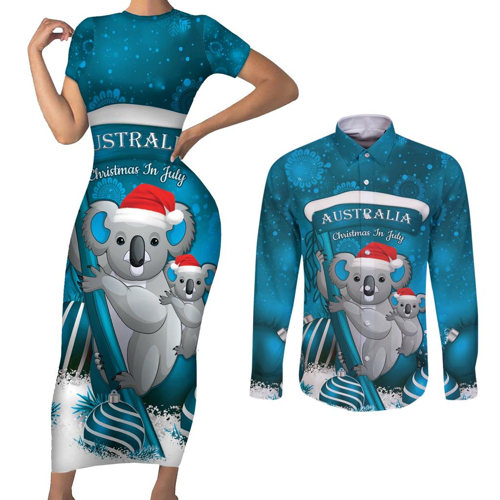Australia Christmas In July Couples Matching Short Sleeve Bodycon Dress and Long Sleeve Button Shirt Mommy and Baby Koala Santa - Blue