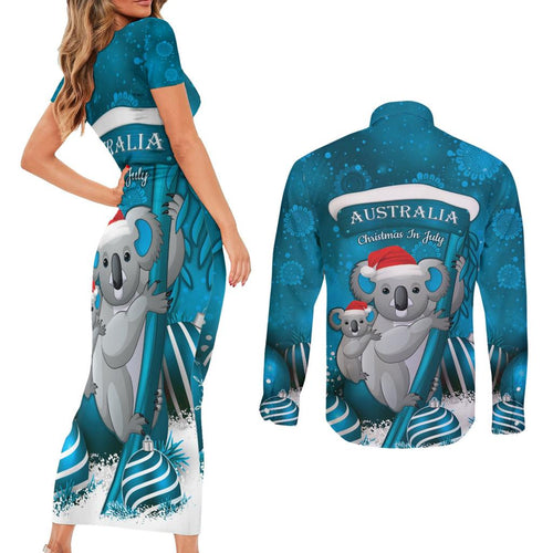 Australia Christmas In July Couples Matching Short Sleeve Bodycon Dress and Long Sleeve Button Shirt Mommy and Baby Koala Santa - Blue