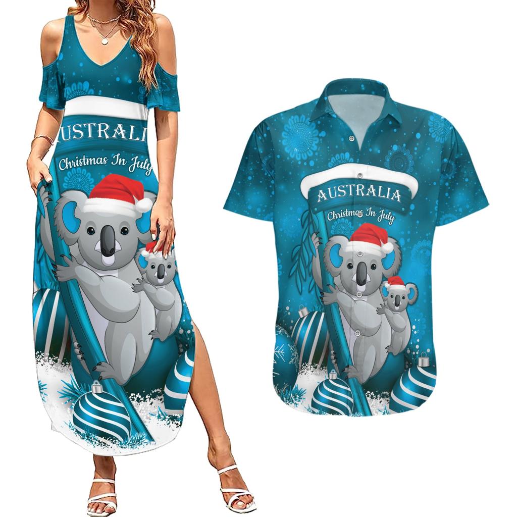 Australia Christmas In July Couples Matching Summer Maxi Dress and Hawaiian Shirt Mommy and Baby Koala Santa - Blue