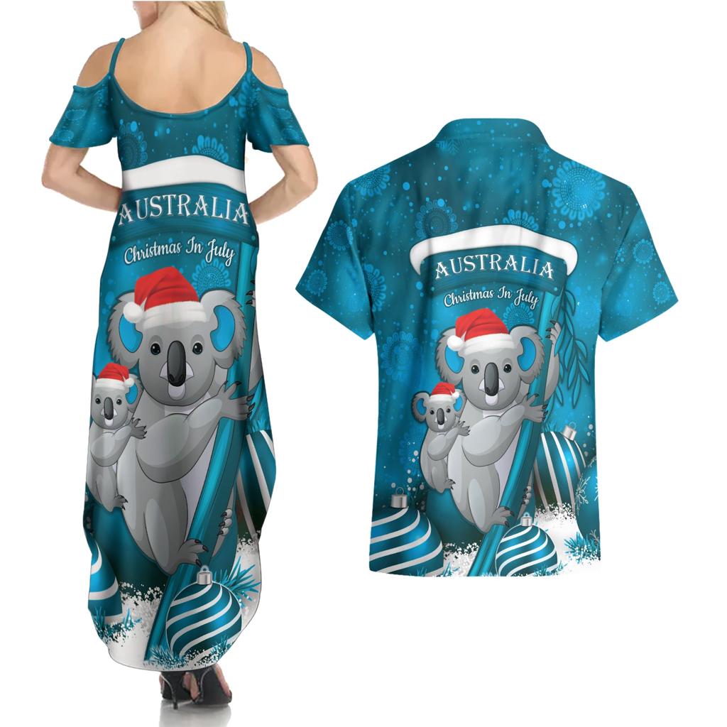 Australia Christmas In July Couples Matching Summer Maxi Dress and Hawaiian Shirt Mommy and Baby Koala Santa - Blue