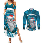 Australia Christmas In July Couples Matching Summer Maxi Dress and Long Sleeve Button Shirt Mommy and Baby Koala Santa - Blue