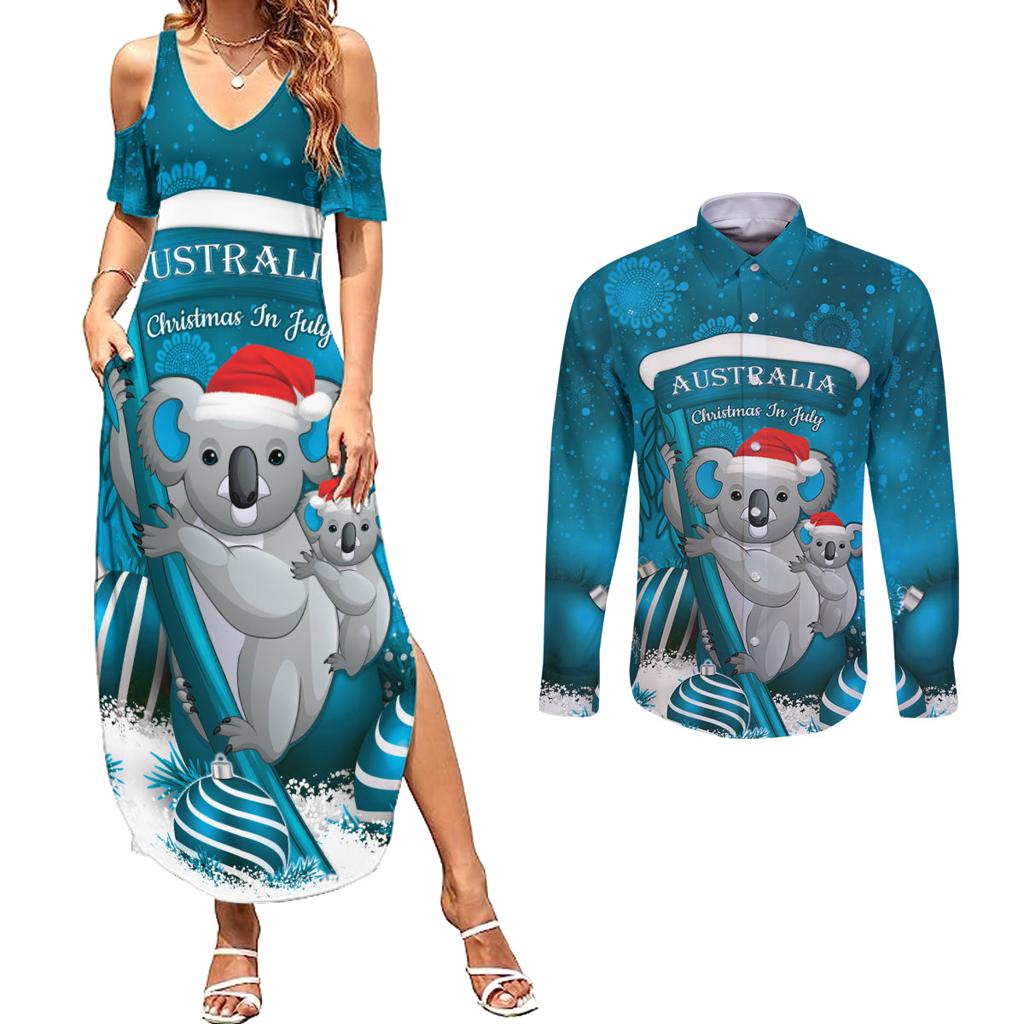 Australia Christmas In July Couples Matching Summer Maxi Dress and Long Sleeve Button Shirt Mommy and Baby Koala Santa - Blue