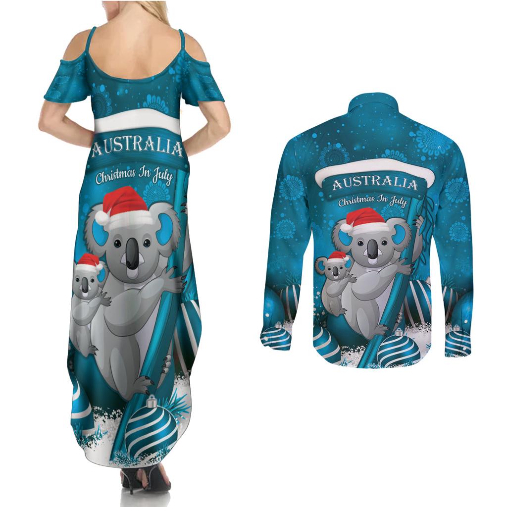 Australia Christmas In July Couples Matching Summer Maxi Dress and Long Sleeve Button Shirt Mommy and Baby Koala Santa - Blue