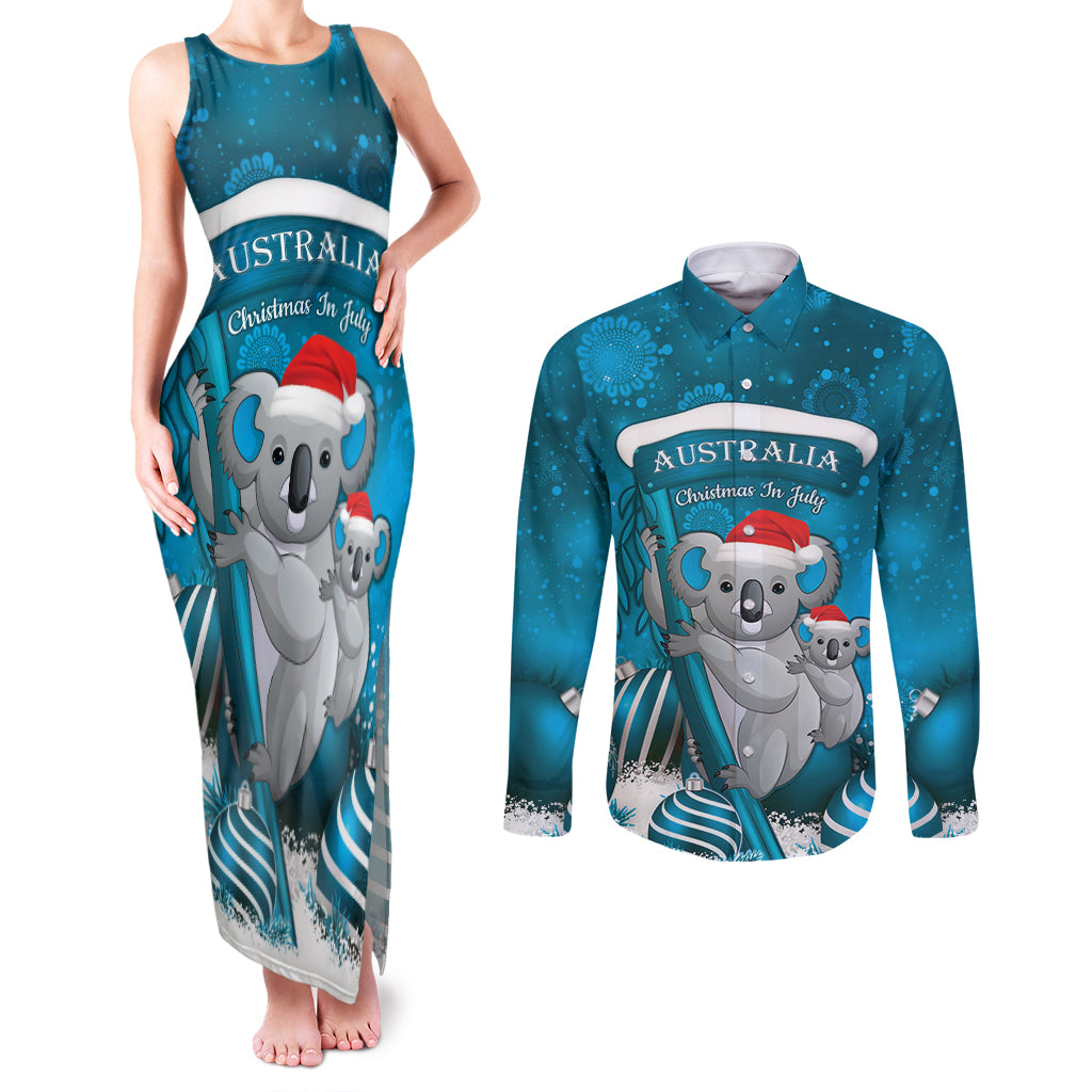 Australia Christmas In July Couples Matching Tank Maxi Dress and Long Sleeve Button Shirt Mommy and Baby Koala Santa - Blue