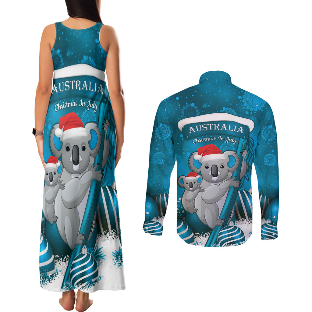 Australia Christmas In July Couples Matching Tank Maxi Dress and Long Sleeve Button Shirt Mommy and Baby Koala Santa - Blue