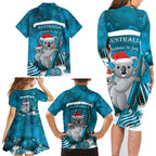Australia Christmas In July Family Matching Long Sleeve Bodycon Dress and Hawaiian Shirt Mommy and Baby Koala Santa - Blue