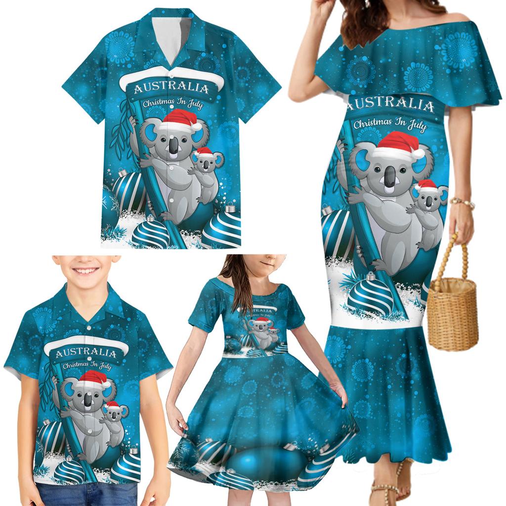 Australia Christmas In July Family Matching Mermaid Dress and Hawaiian Shirt Mommy and Baby Koala Santa - Blue