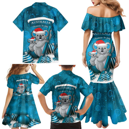 Australia Christmas In July Family Matching Mermaid Dress and Hawaiian Shirt Mommy and Baby Koala Santa - Blue