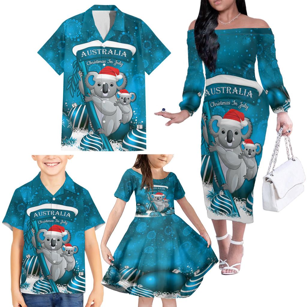 Australia Christmas In July Family Matching Off The Shoulder Long Sleeve Dress and Hawaiian Shirt Mommy and Baby Koala Santa - Blue