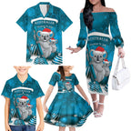 Australia Christmas In July Family Matching Off The Shoulder Long Sleeve Dress and Hawaiian Shirt Mommy and Baby Koala Santa - Blue