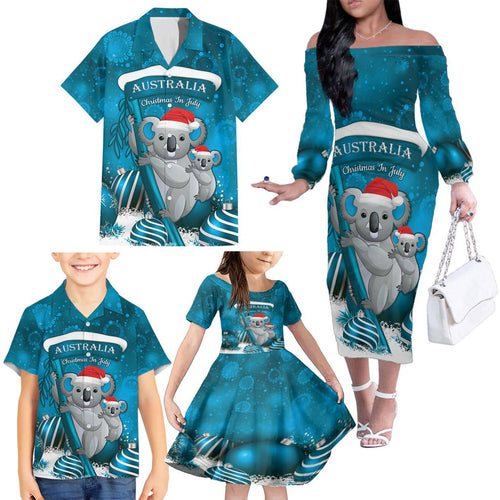 Australia Christmas In July Family Matching Off The Shoulder Long Sleeve Dress and Hawaiian Shirt Mommy and Baby Koala Santa - Blue